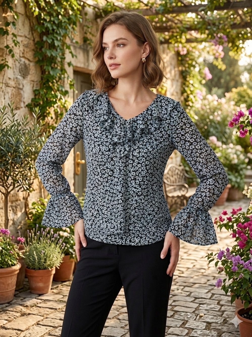 CeCe Navy Floral Ruffle Front Blouse